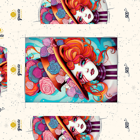 Darstellung des Puzzle Motivs Verspielter Rosenhut und feuriges Haar-Porträt Whimsical Rose Hat and Fiery Hair Portrait 500 Puzzle Schachtel 3D Modell