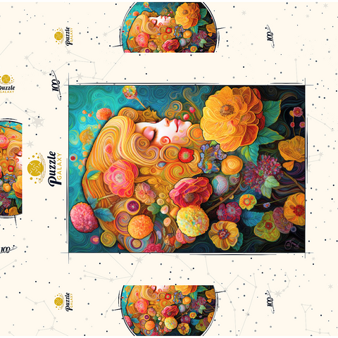 Darstellung des Puzzle Motivs Goldene Blumenträume in wirbelnder Harmonie Golden Floral Dreams in Swirling Harmony 100 Puzzle Schachtel 3D Modell