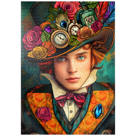 Darstellung des Puzzle-Motivs Verspielter Steampunk-Gentleman mit Hut, verziert mit Blumen und Uhren – Puzzleteile: 1000