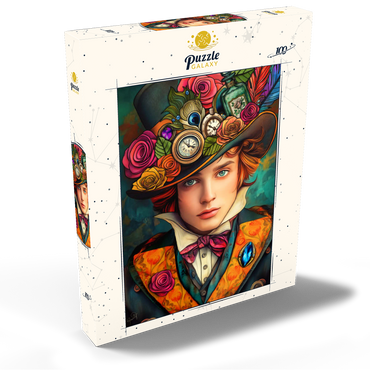 Darstellung des Puzzle Motivs Whimsical Steampunk Gentleman with Floral and Clock-Adorned Hat 100 Puzzle Schachtel Ansicht2