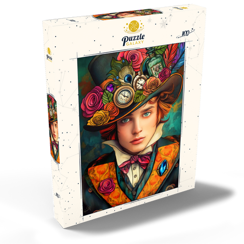 Darstellung des Puzzle Motivs Verspielter Steampunk-Gentleman mit Hut, verziert mit Blumen und Uhren Whimsical Steampunk Gentleman with Floral and Clock-Adorned Hat 100 Puzzle Schachtel Ansicht2
