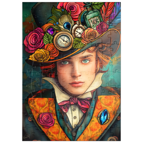 Darstellung des Puzzle Motivs Verspielter Steampunk-Gentleman mit Hut, verziert mit Blumen und Uhren puzzleplate Whimsical Steampunk Gentleman with Floral and Clock-Adorned Hat 100 Puzzle