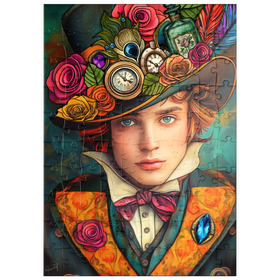 Darstellung des Puzzle Motivs Verspielter Steampunk-Gentleman mit Hut, verziert mit Blumen und Uhren - Puzzleteile: 100