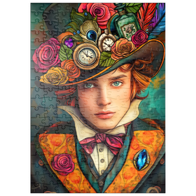 Darstellung des Puzzle-Motivs Verspielter Steampunk-Gentleman mit Hut, verziert mit Blumen und Uhren – Puzzleteile: 200