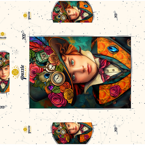 Darstellung des Puzzle Motivs Verspielter Steampunk-Gentleman mit Hut, verziert mit Blumen und Uhren Whimsical Steampunk Gentleman with Floral and Clock-Adorned Hat 200 Puzzle Schachtel 3D Modell
