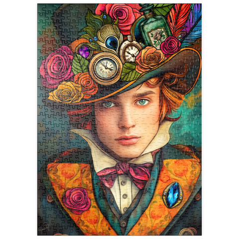 Darstellung des Puzzle Motivs Verspielter Steampunk-Gentleman mit Hut, verziert mit Blumen und Uhren puzzleplate Whimsical Steampunk Gentleman with Floral and Clock-Adorned Hat 500 Puzzle