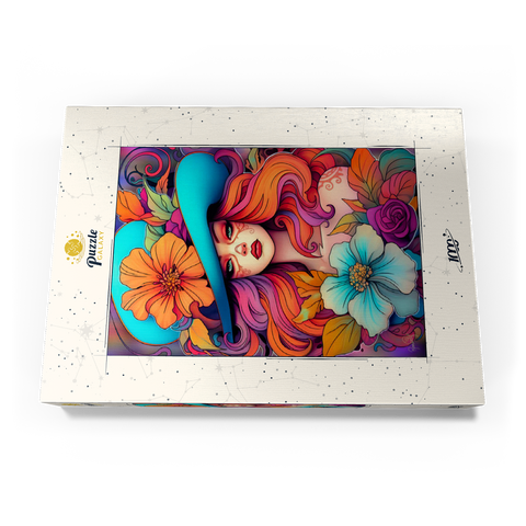 Darstellung des Puzzle Motivs Frau mit Blumenkranz und cyanfarbenem Hut Floral Crowned Woman in Cyan Hat 1000 Puzzle Schachtel Ansicht3