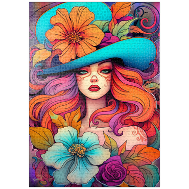 Darstellung des Puzzle Motivs puzzleplate Floral Crowned Woman in Cyan Hat 1000 Puzzle