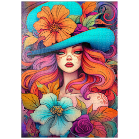 Darstellung des Puzzle Motivs Frau mit Blumenkranz und cyanfarbenem Hut - Puzzleteile: 1000