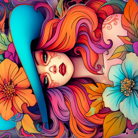 Darstellung des Puzzle Motivs Frau mit Blumenkranz und cyanfarbenem Hut Floral Crowned Woman in Cyan Hat 1000 Puzzle 3D Modell