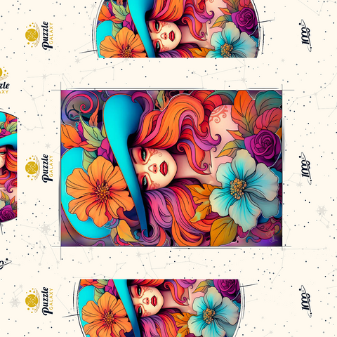 Darstellung des Puzzle Motivs Frau mit Blumenkranz und cyanfarbenem Hut Floral Crowned Woman in Cyan Hat 1000 Puzzle Schachtel 3D Modell