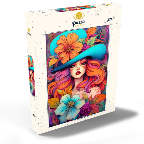 Darstellung des Puzzle Motivs Frau mit Blumenkranz und cyanfarbenem Hut Floral Crowned Woman in Cyan Hat 100 Puzzle Schachtel Ansicht2