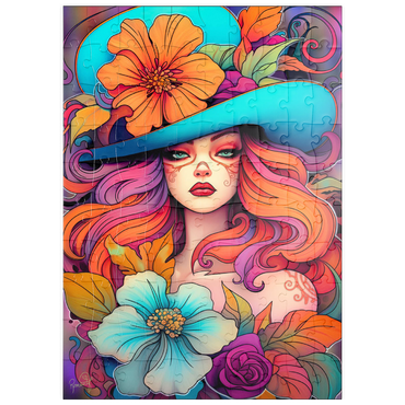 Darstellung des Puzzle Motivs puzzleplate Floral Crowned Woman in Cyan Hat 100 Puzzle