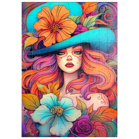 Darstellung des Puzzle Motivs Frau mit Blumenkranz und cyanfarbenem Hut puzzleplate Floral Crowned Woman in Cyan Hat 100 Puzzle