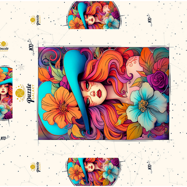 Darstellung des Puzzle Motivs Floral Crowned Woman in Cyan Hat 100 Puzzle Schachtel 3D Modell