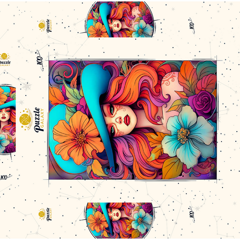 Darstellung des Puzzle Motivs Frau mit Blumenkranz und cyanfarbenem Hut Floral Crowned Woman in Cyan Hat 100 Puzzle Schachtel 3D Modell