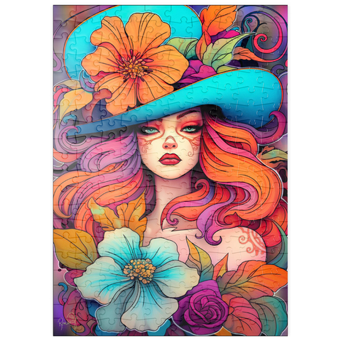 Darstellung des Puzzle Motivs Frau mit Blumenkranz und cyanfarbenem Hut puzzleplate Floral Crowned Woman in Cyan Hat 200 Puzzle