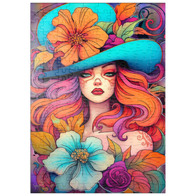 Darstellung des Puzzle Motivs Frau mit Blumenkranz und cyanfarbenem Hut - Puzzleteile: 200