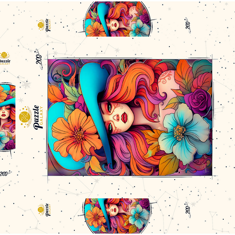 Darstellung des Puzzle Motivs Frau mit Blumenkranz und cyanfarbenem Hut Floral Crowned Woman in Cyan Hat 200 Puzzle Schachtel 3D Modell