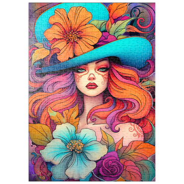 Darstellung des Puzzle Motivs puzzleplate Floral Crowned Woman in Cyan Hat 500 Puzzle