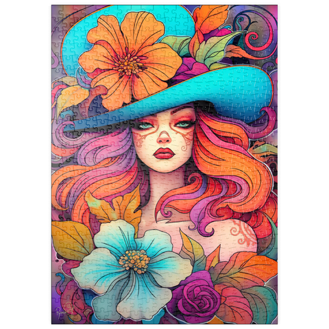Darstellung des Puzzle Motivs Frau mit Blumenkranz und cyanfarbenem Hut puzzleplate Floral Crowned Woman in Cyan Hat 500 Puzzle