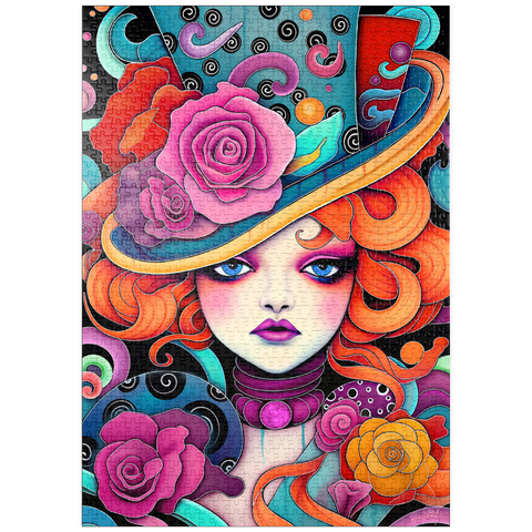 Darstellung des Puzzle Motivs Verspielte Rothaarige mit rosafarbenem Hut puzzleplate Whimsical Redhead in Rose-Embellished Hat 1000 Puzzle