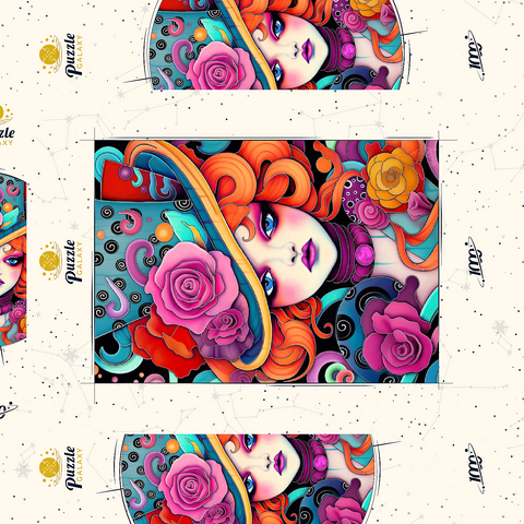 Darstellung des Puzzle Motivs Verspielte Rothaarige mit rosafarbenem Hut Whimsical Redhead in Rose-Embellished Hat 1000 Puzzle Schachtel 3D Modell