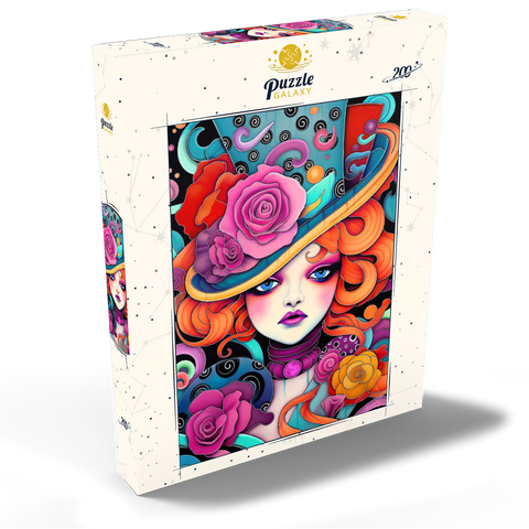 Darstellung des Puzzle Motivs Verspielte Rothaarige mit rosafarbenem Hut Whimsical Redhead in Rose-Embellished Hat 200 Puzzle Schachtel Ansicht2
