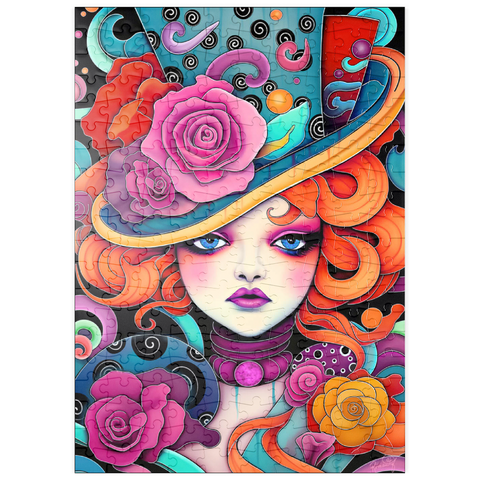 Darstellung des Puzzle Motivs Verspielte Rothaarige mit rosafarbenem Hut puzzleplate Whimsical Redhead in Rose-Embellished Hat 200 Puzzle