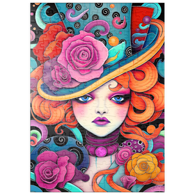 Darstellung des Puzzle Motivs Verspielte Rothaarige mit rosafarbenem Hut - Puzzleteile: 200