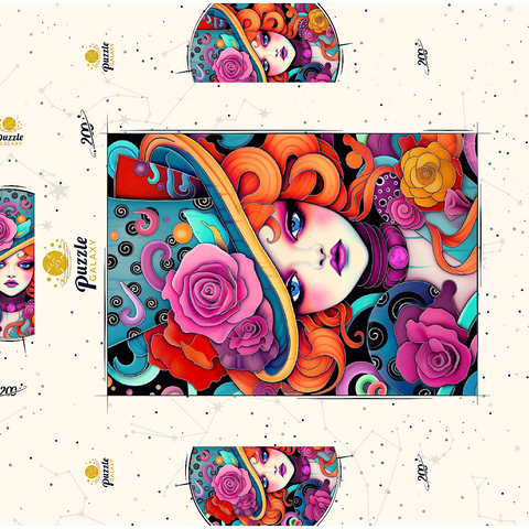 Darstellung des Puzzle Motivs Verspielte Rothaarige mit rosafarbenem Hut Whimsical Redhead in Rose-Embellished Hat 200 Puzzle Schachtel 3D Modell