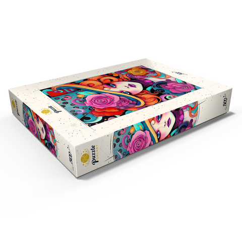 Darstellung des Puzzle Motivs Verspielte Rothaarige mit rosafarbenem Hut Whimsical Redhead in Rose-Embellished Hat 500 Puzzle Schachtel Ansicht1