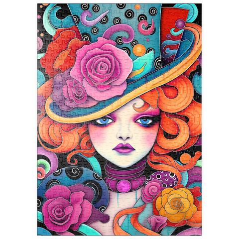 Darstellung des Puzzle Motivs Verspielte Rothaarige mit rosafarbenem Hut puzzleplate Whimsical Redhead in Rose-Embellished Hat 500 Puzzle