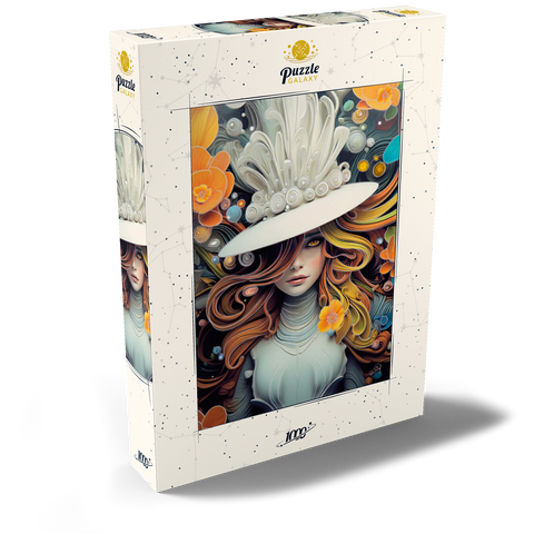 Darstellung des Puzzle Motivs Mystische Frau mit weißem Federhut Mystical Woman in Feathered White Hat 1000 Puzzle Schachtel Ansicht2