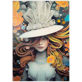 Darstellung des Puzzle-Motivs Mystische Frau mit weißem Federhut – Puzzleteile: 1000