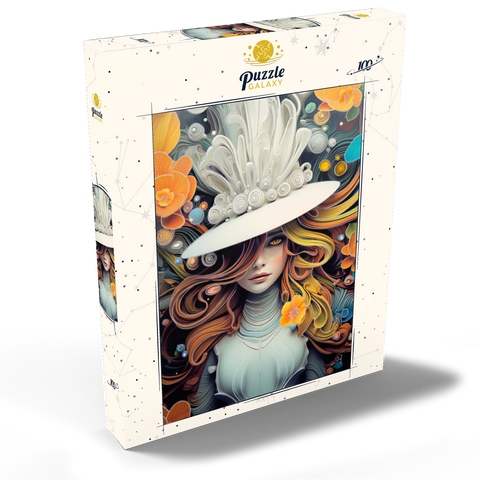 Darstellung des Puzzle Motivs Mystische Frau mit weißem Federhut Mystical Woman in Feathered White Hat 100 Puzzle Schachtel Ansicht2
