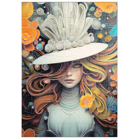 Darstellung des Puzzle Motivs Mystische Frau mit weißem Federhut puzzleplate Mystical Woman in Feathered White Hat 100 Puzzle