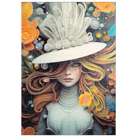 Darstellung des Puzzle Motivs Mystische Frau mit weißem Federhut - Puzzleteile: 100
