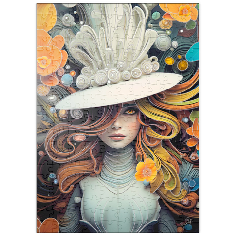 Darstellung des Puzzle Motivs Mystische Frau mit weißem Federhut puzzleplate Mystical Woman in Feathered White Hat 200 Puzzle