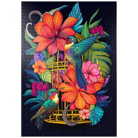 Darstellung des Puzzle Motivs Bunte Kolibris mit tropischen Blumen - Puzzleteile: 1000