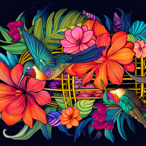 Darstellung des Puzzle Motivs Bunte Kolibris mit tropischen Blumen Colorful Hummingbirds with Tropical Flowers 1000 Puzzle 3D Modell