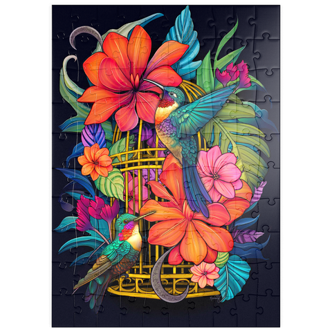 Darstellung des Puzzle Motivs Bunte Kolibris mit tropischen Blumen puzzleplate Colorful Hummingbirds with Tropical Flowers 100 Puzzle
