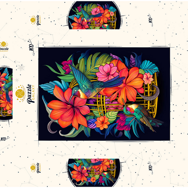 Darstellung des Puzzle Motivs Colorful Hummingbirds with Tropical Flowers 100 Puzzle Schachtel 3D Modell