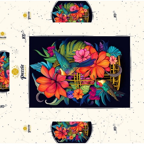 Darstellung des Puzzle Motivs Bunte Kolibris mit tropischen Blumen Colorful Hummingbirds with Tropical Flowers 100 Puzzle Schachtel 3D Modell