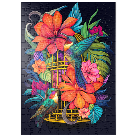 Darstellung des Puzzle Motivs Bunte Kolibris mit tropischen Blumen puzzleplate Colorful Hummingbirds with Tropical Flowers 200 Puzzle