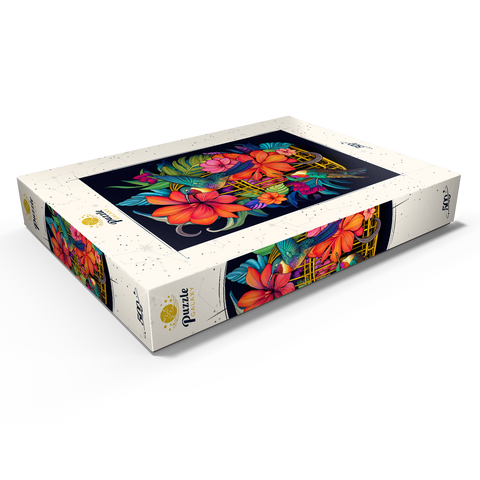 Darstellung des Puzzle Motivs Bunte Kolibris mit tropischen Blumen Colorful Hummingbirds with Tropical Flowers 500 Puzzle Schachtel Ansicht1