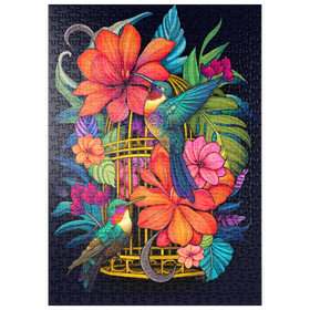 Darstellung des Puzzle Motivs Bunte Kolibris mit tropischen Blumen - Puzzleteile: 500