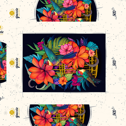 Darstellung des Puzzle Motivs Bunte Kolibris mit tropischen Blumen Colorful Hummingbirds with Tropical Flowers 500 Puzzle Schachtel 3D Modell