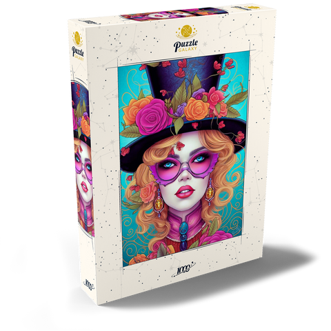 Darstellung des Puzzle Motivs Glamouröse Frau mit Blumen-Zylinderhut Glamorous Woman with Floral Top Hat 1000 Puzzle Schachtel Ansicht2