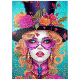 Darstellung des Puzzle-Motivs Glamouröse Frau mit Blumen-Zylinderhut – Puzzleteile: 1000